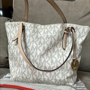 Michael Kors Cream and Tan Tote Bag with Monogram Pattern